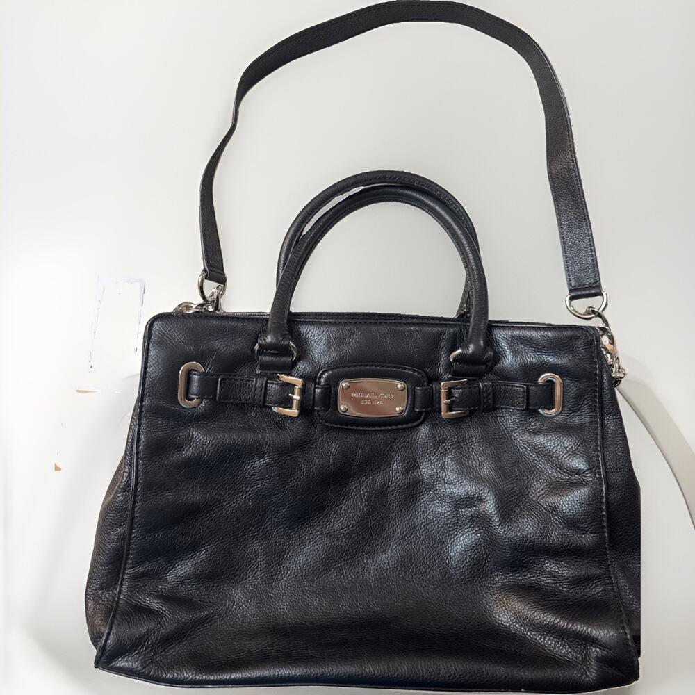 Michael Kors Hamilton Black Pebbled Leather Shoulder Crossbody Bag Satchel Purse